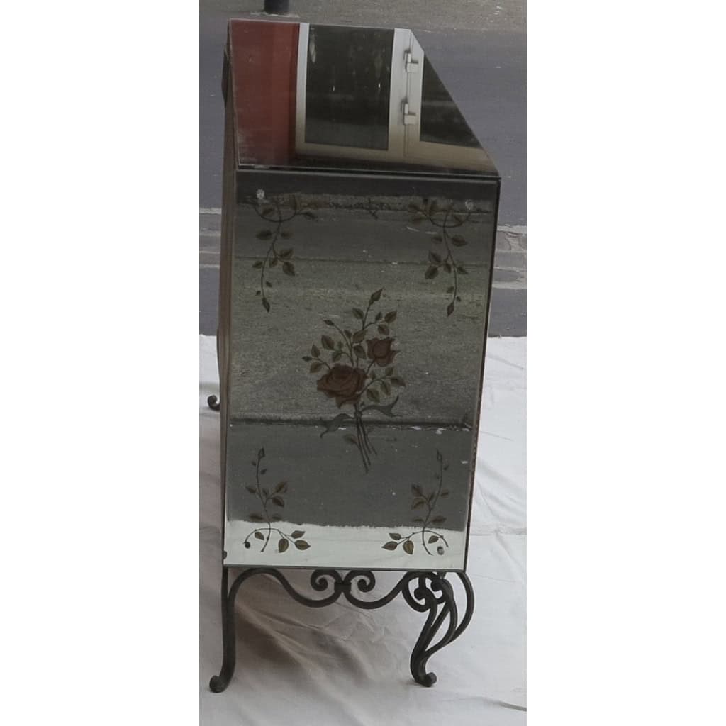 1950/70′ Paire De Buffets Miroir Avec Décor Fleurs Églomisées