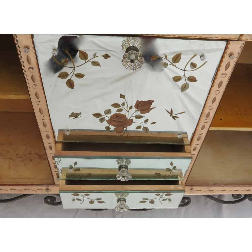 1950/70′ Paire De Buffets Miroir Avec Décor Fleurs Églomisées