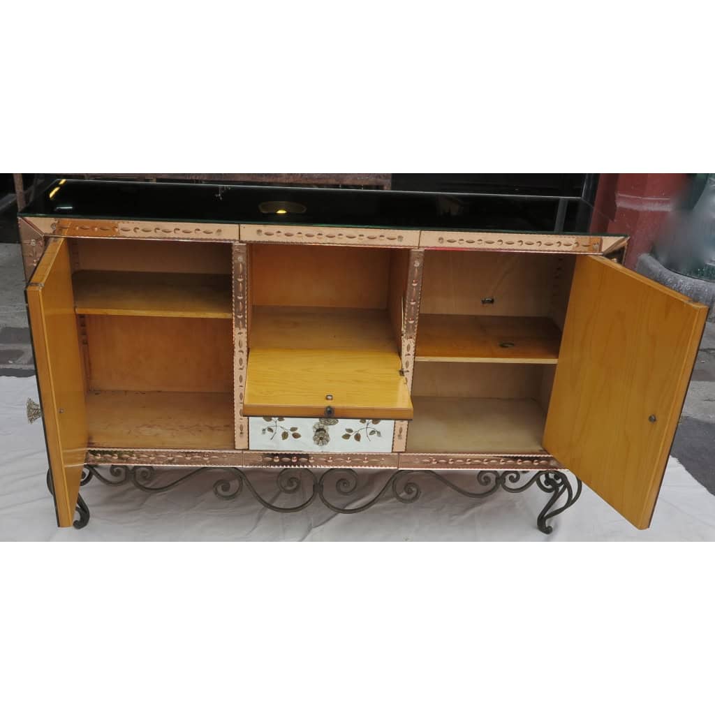 1950/70′ Paire De Buffets Miroir Avec Décor Fleurs Églomisées