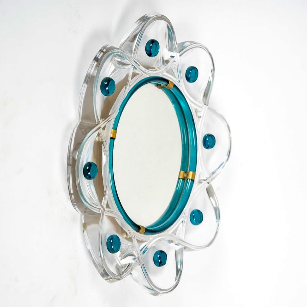 Miroir « Floride » cristal blanc et application turquoise de Marc LALIQUE | Biron Miroir "Floride" cristal blanc et application turquoise de Marc LALIQUE