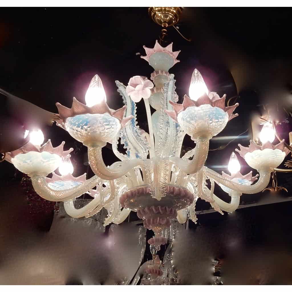 1970′ Lustre Murano à 8 Bras de Lumière en Verre Bleu Opalescent et Pâte de Verre Rose | Biron ||||||||