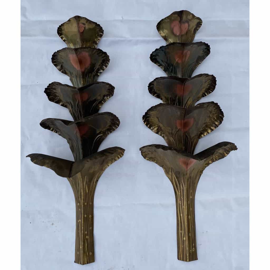 1970′ Paire d’Appliques Laiton Patiné Allégorie Ginkgo Feuillage à 4 Ampoules Symbole Longévité | Biron ||||||
