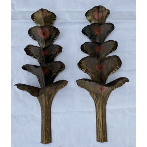 1970′ Paire d’Appliques Laiton Patiné Allégorie Ginkgo Feuillage à 4 Ampoules Symbole Longévité | Biron ||||||