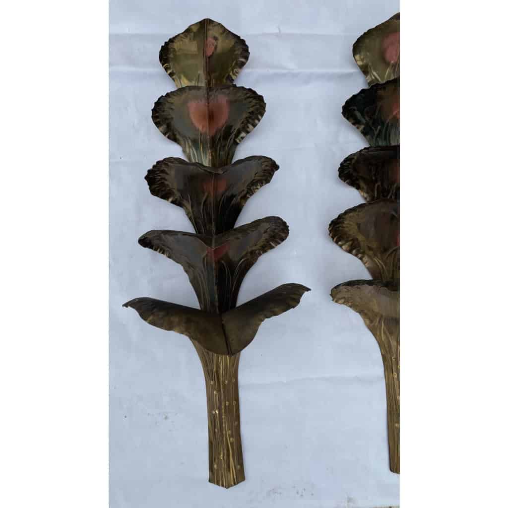 1970′ Paire d’Appliques Laiton Patiné Allégorie Ginkgo Feuillage à 4 Ampoules Symbole Longévité | Biron 1970′ Paire d’Appliques Laiton Patiné Allégorie Ginkgo Feuillage à 4 Ampoules Symbole Longévité