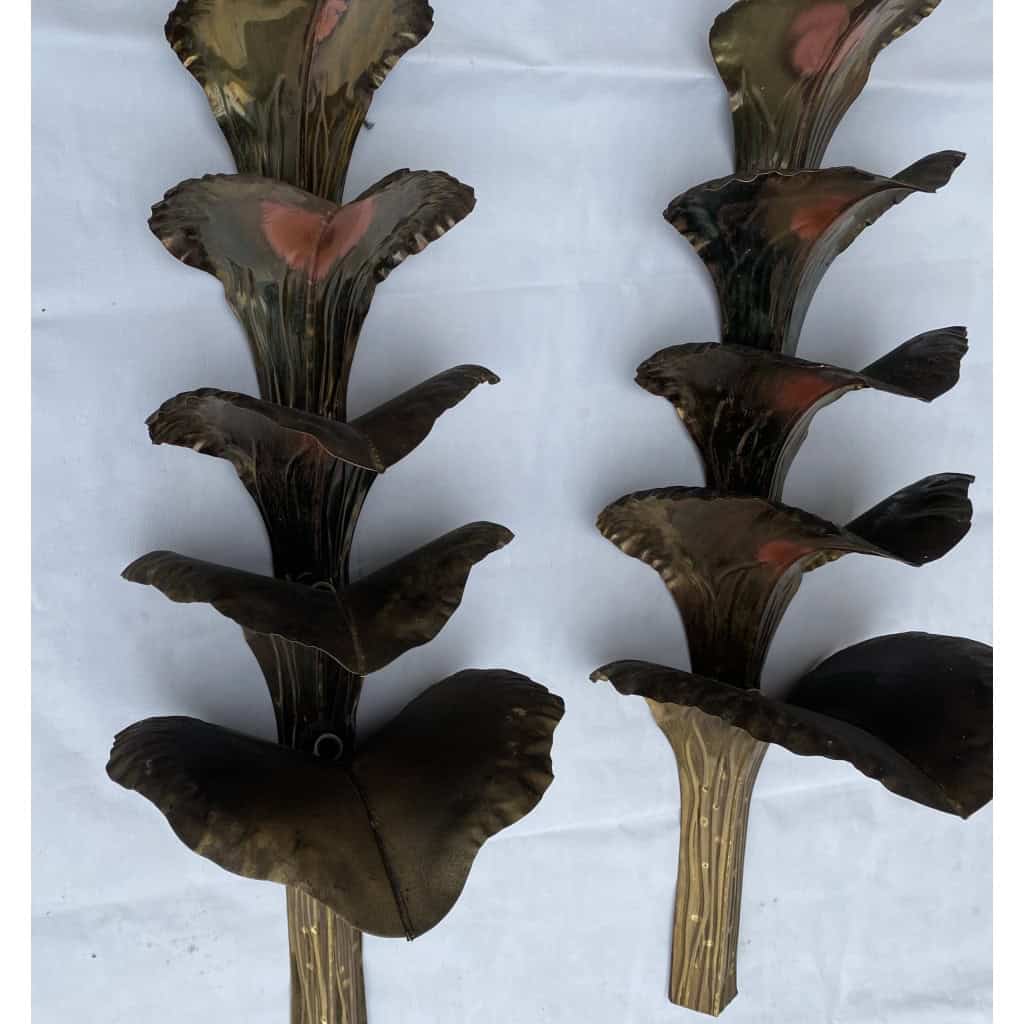 1970′ Paire d’Appliques Laiton Patiné Allégorie Ginkgo Feuillage à 4 Ampoules Symbole Longévité | Biron 1970′ Paire d’Appliques Laiton Patiné Allégorie Ginkgo Feuillage à 4 Ampoules Symbole Longévité