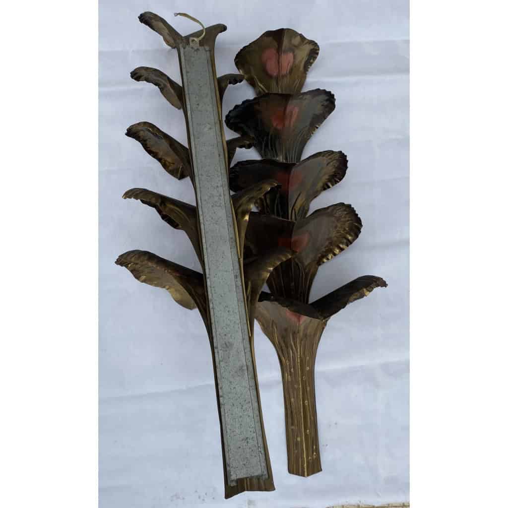 1970′ Paire d’Appliques Laiton Patiné Allégorie Ginkgo Feuillage à 4 Ampoules Symbole Longévité | Biron 1970′ Paire d’Appliques Laiton Patiné Allégorie Ginkgo Feuillage à 4 Ampoules Symbole Longévité