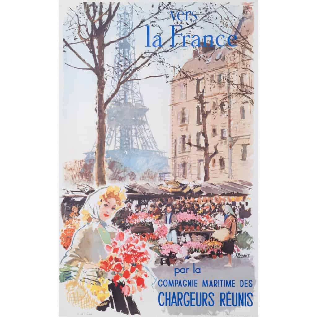 Affiche Originale, Brenet, France Paris Tour Eiffel, Chargeurs Reunis Fleur 1950 | Biron ||
