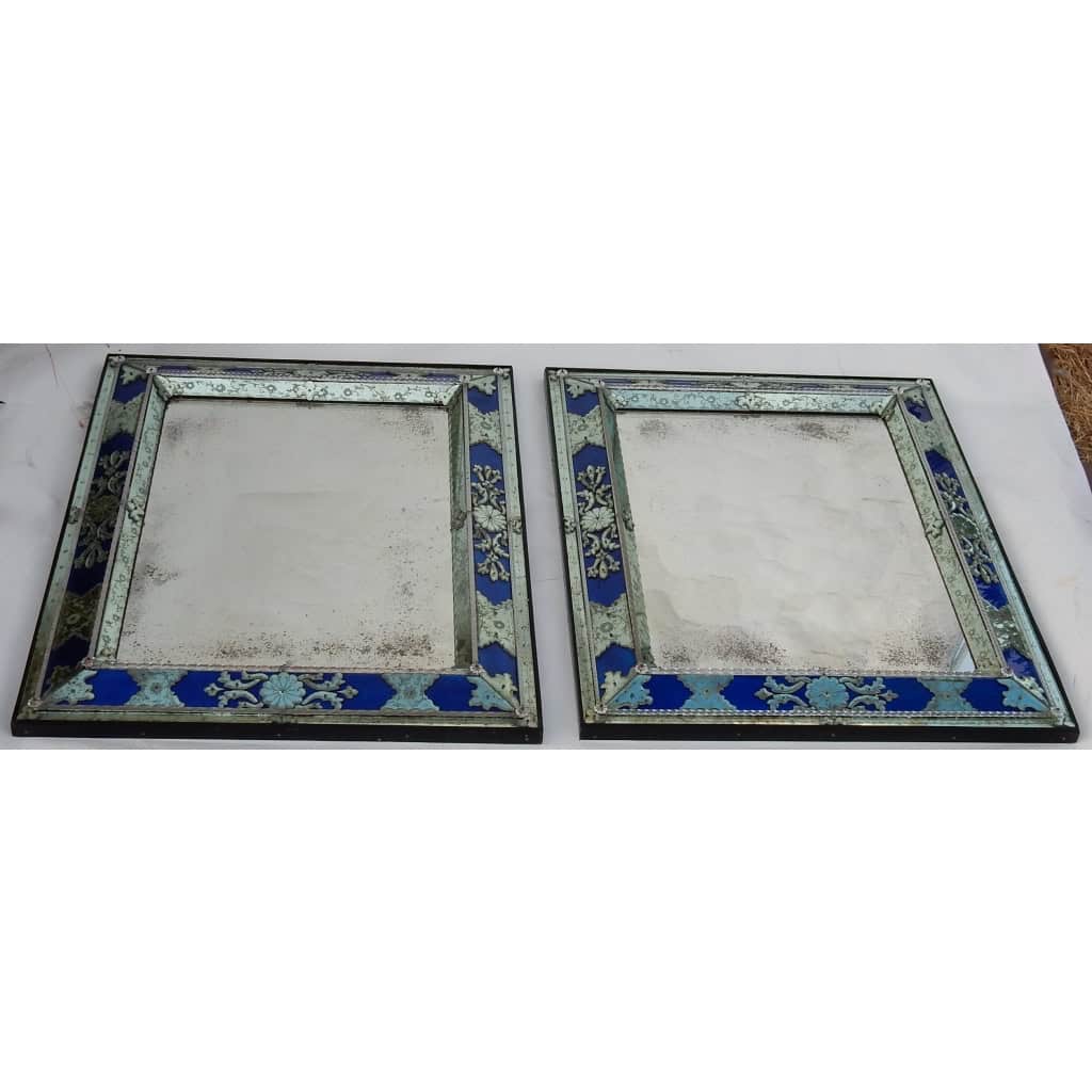 1970/80 Paire De Miroirs Venise Style Louis 14 Avec Ornements En Verre Bleu | Biron ||||||||||||