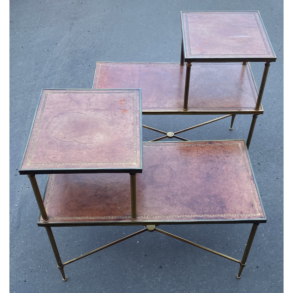 1970′ Paire De Tables à Étage En Bronze Patiné Gainées De Cuir Maison Jansen | Biron |||||||||||