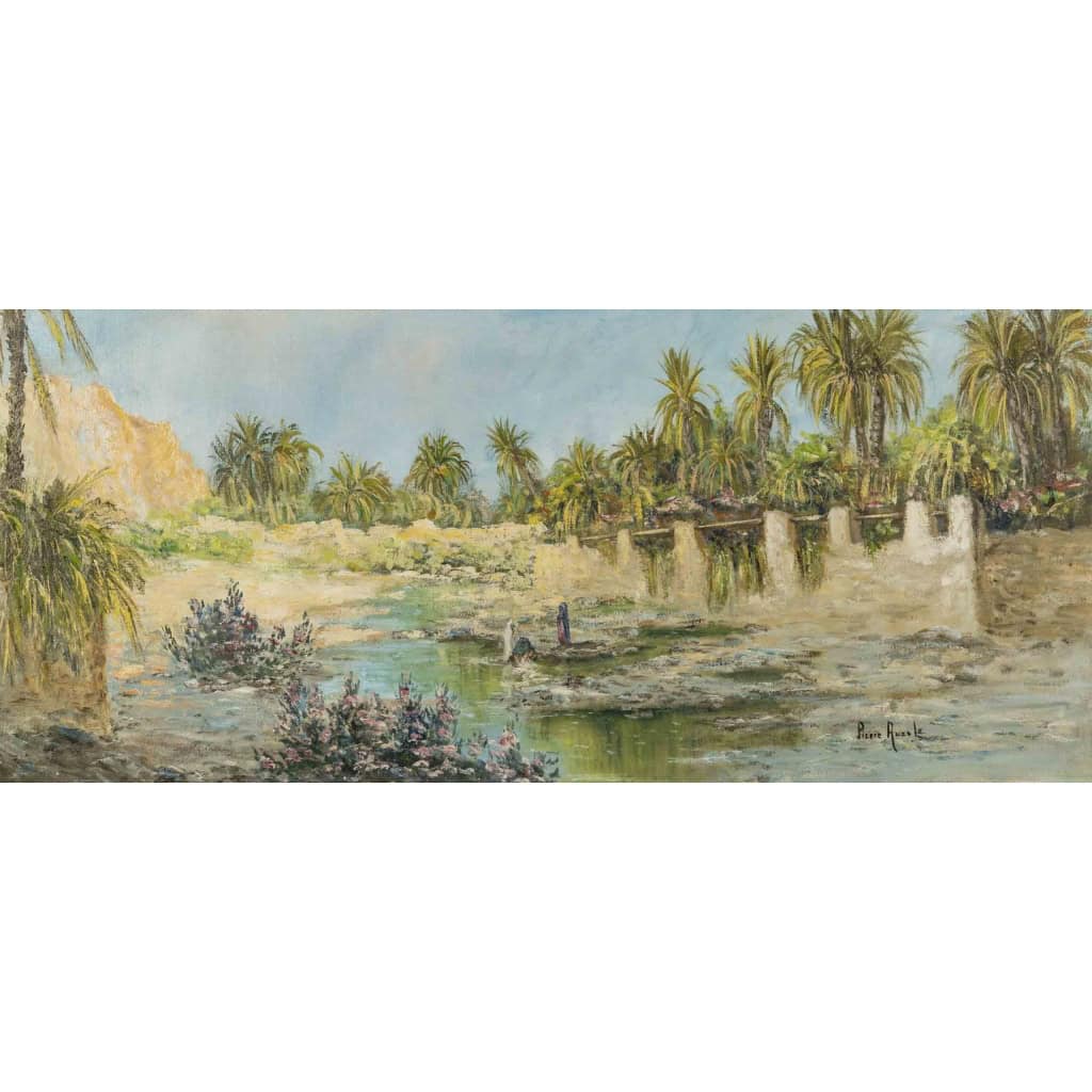 Huile sur toilepar Pierre AUZOLE ( Orientaliste ) « OASIS » sud Algérien ou Maroc XIX ème siècle | Biron Huile sur toilepar Pierre AUZOLE ( Orientaliste ) "OASIS" sud Algérien ou Maroc XIX ème siècle