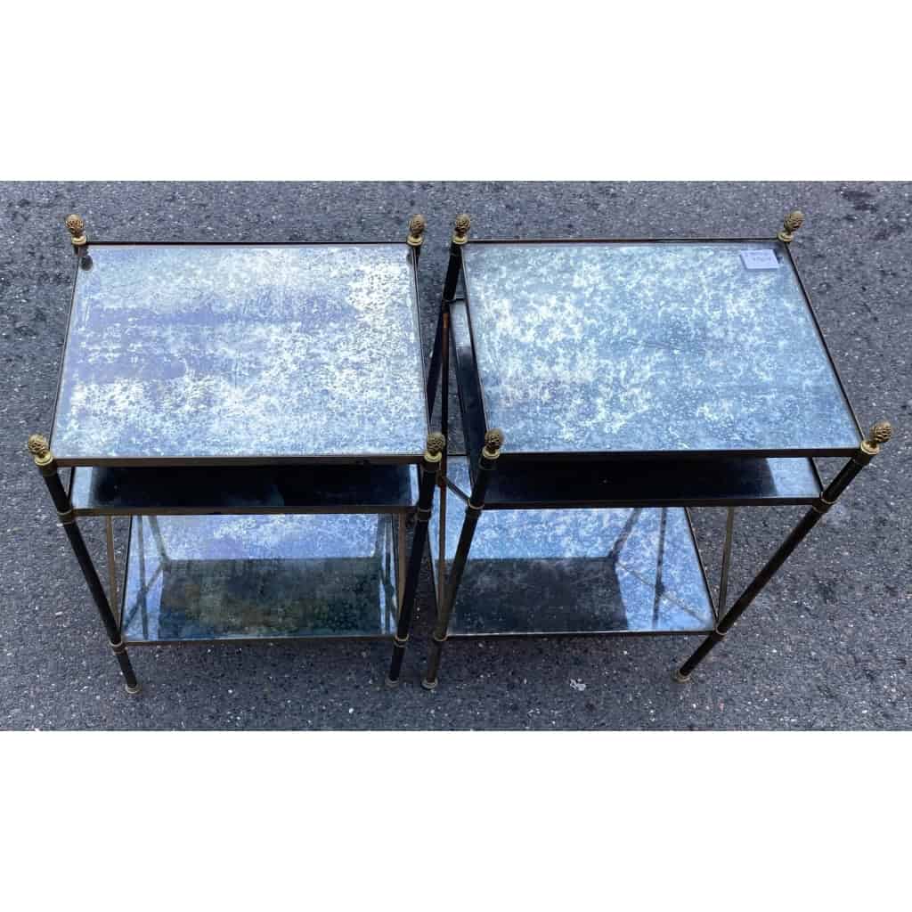 1950/70′ Paire d’Étagères en Laiton à 3 Niveaux Miroirs Oxydés Vieillis Maison Baguès à Croisillons avec Pâquerettes 2