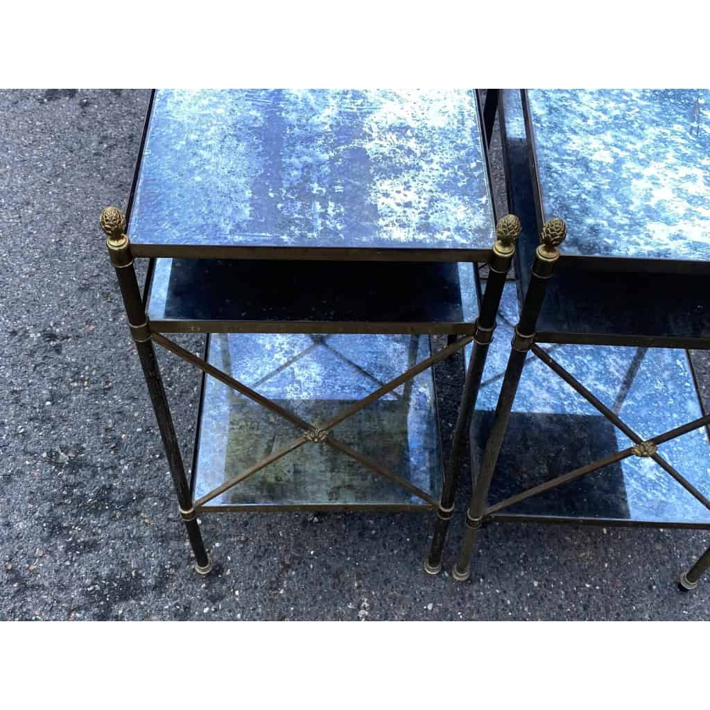 1950/70′ Paire d’Étagères en Laiton à 3 Niveaux Miroirs Oxydés Vieillis Maison Baguès à Croisillons avec Pâquerettes 11