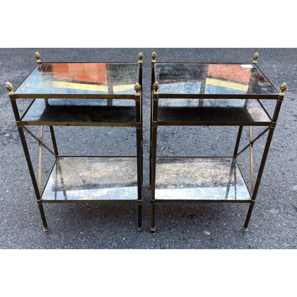 1950/70′ Paire d’Étagères en Laiton à 3 Niveaux Miroirs Oxydés Vieillis Maison Baguès à Croisillons avec Pâquerettes 3