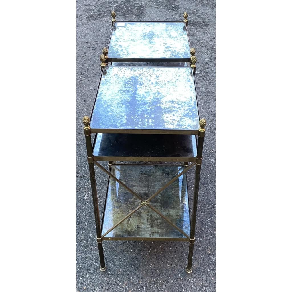 1950/70′ Paire d’Étagères en Laiton à 3 Niveaux Miroirs Oxydés Vieillis Maison Baguès à Croisillons avec Pâquerettes 4