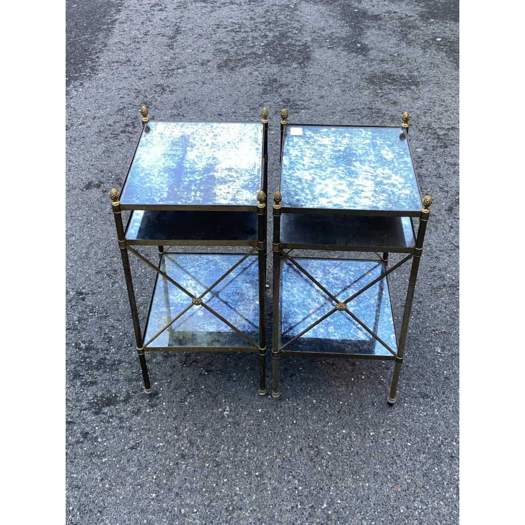 1950/70′ Paire d’Étagères en Laiton à 3 Niveaux Miroirs Oxydés Vieillis Maison Baguès à Croisillons avec Pâquerettes 5