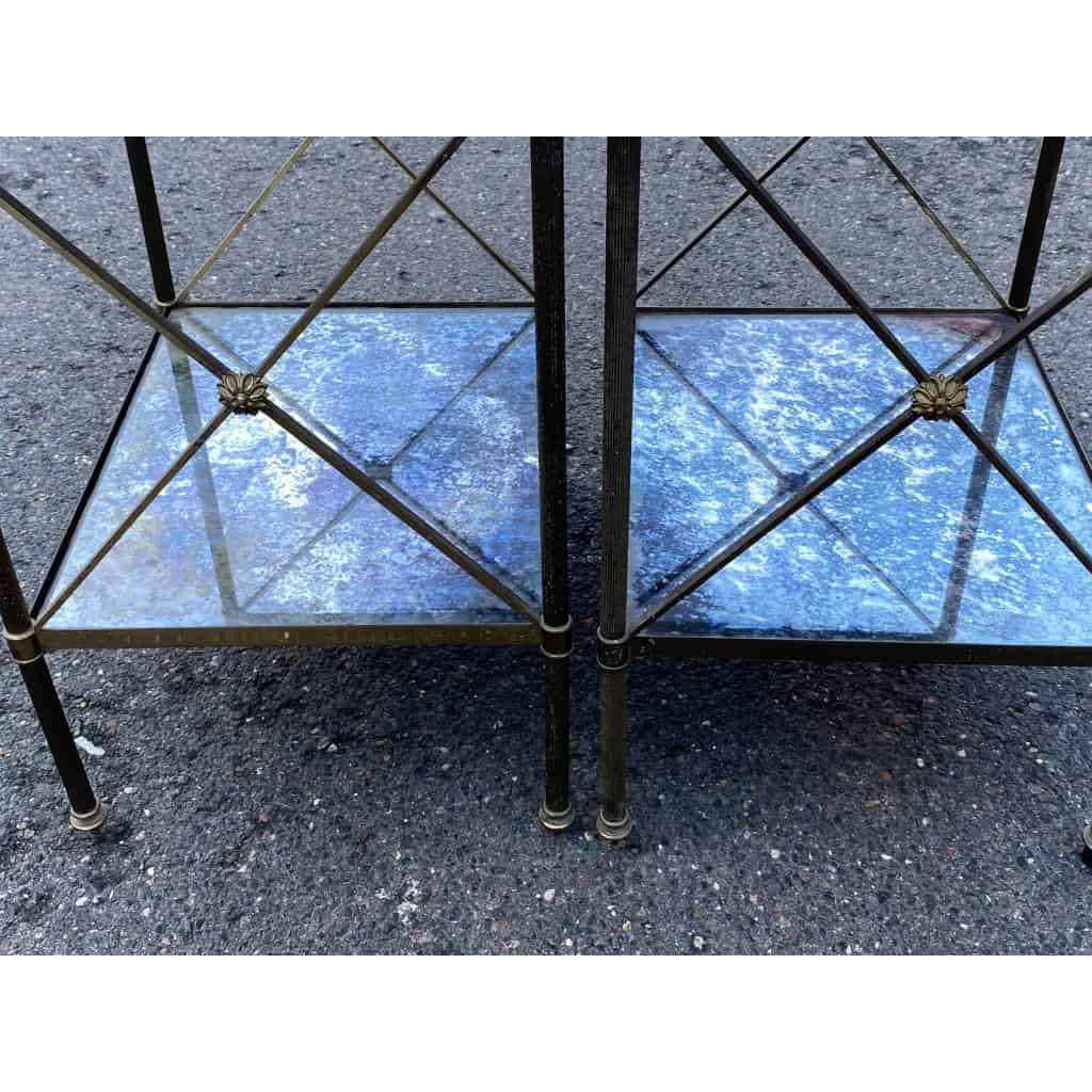 1950/70′ Paire d’Étagères en Laiton à 3 Niveaux Miroirs Oxydés Vieillis Maison Baguès à Croisillons avec Pâquerettes 6