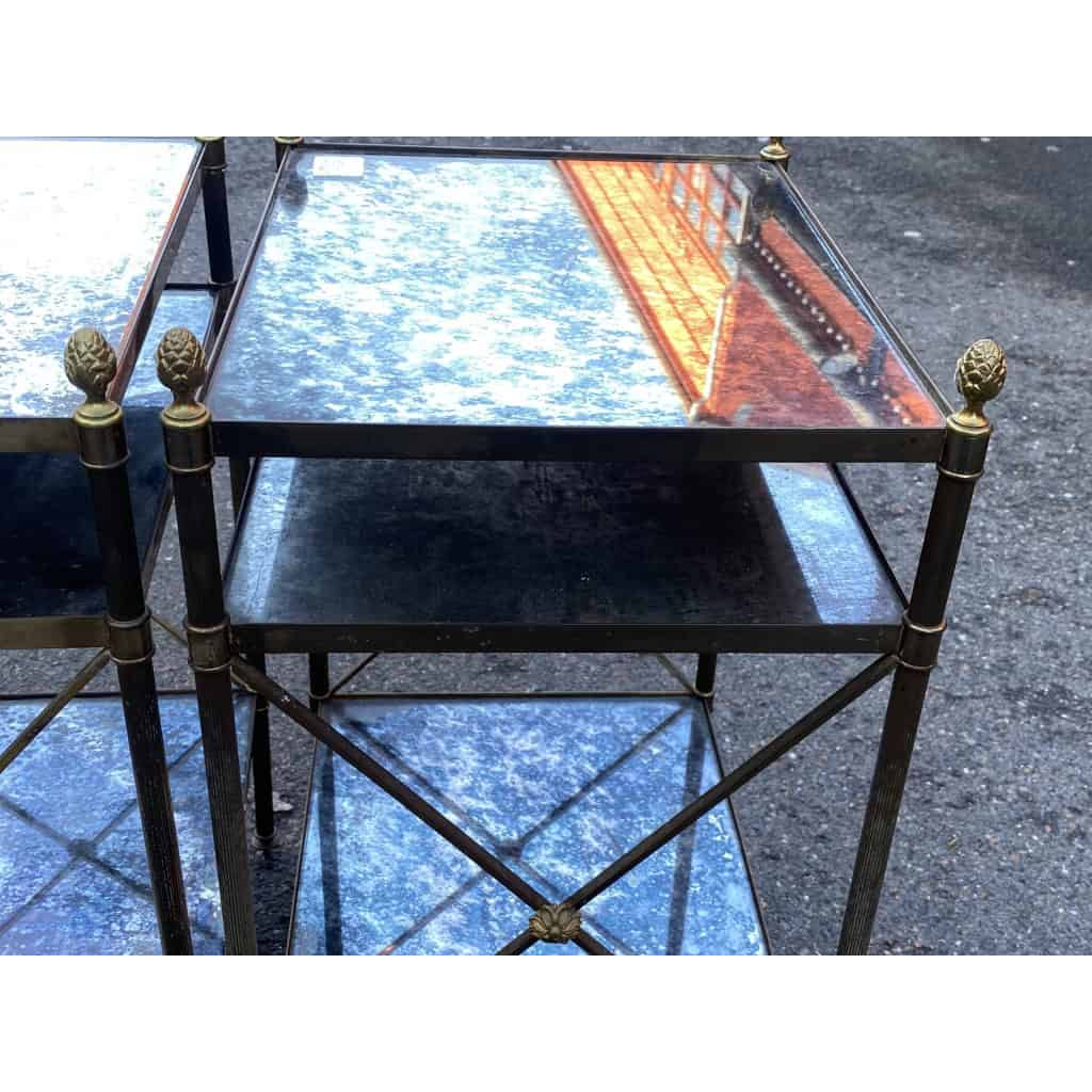 1950/70′ Paire d’Étagères en Laiton à 3 Niveaux Miroirs Oxydés Vieillis Maison Baguès à Croisillons avec Pâquerettes 10