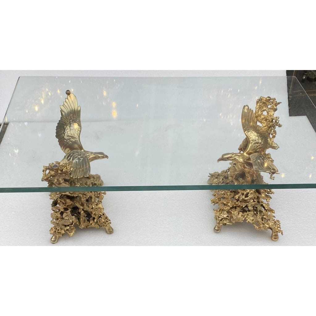 1970′ Table Basse Aux Aigles En Bronze Doré Signée De Boeltz Pour Roméo Paris