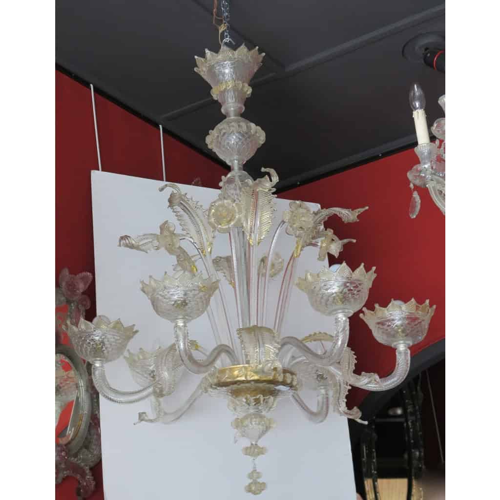 1900/20 Lustre Cristal Murano Avec Inclusions Feuilles d’Or 6 Branches | Biron ||||||||