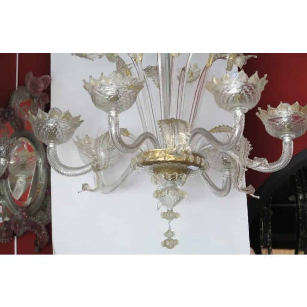 1900/20 Lustre Cristal Murano Avec Inclusions Feuilles d’Or 6 Branches | Biron 1900/20 Lustre Cristal Murano Avec Inclusions Feuilles d’Or 6 Branches
