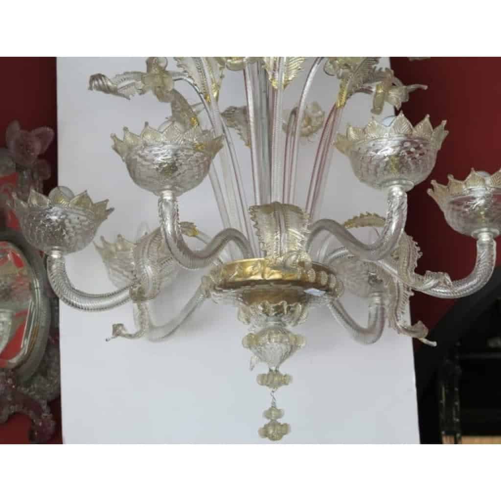 1900/20 Lustre Cristal Murano Avec Inclusions Feuilles d’Or 6 Branches | Biron 1900/20 Lustre Cristal Murano Avec Inclusions Feuilles d’Or 6 Branches