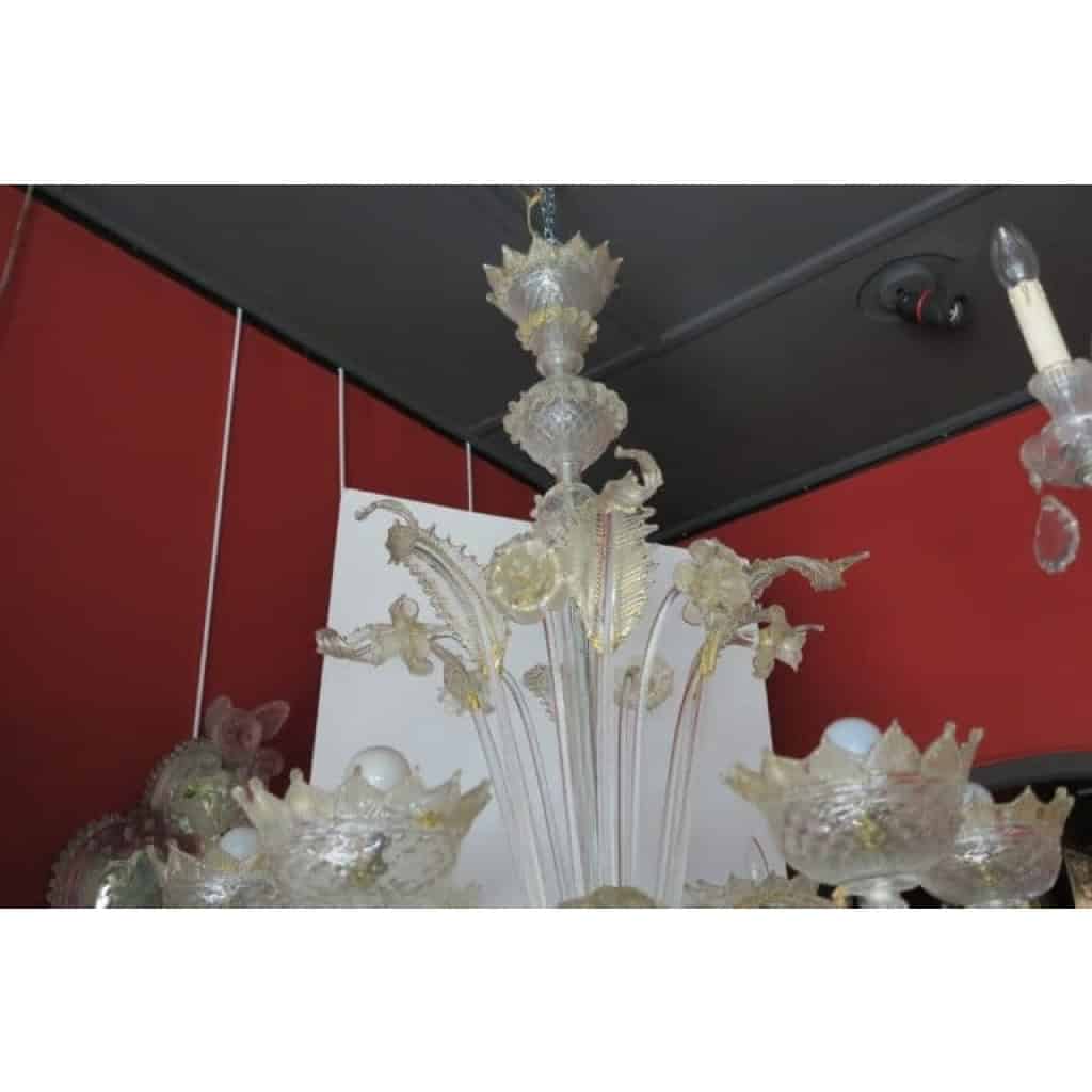 1900/20 Lustre Cristal Murano Avec Inclusions Feuilles d’Or 6 Branches | Biron 1900/20 Lustre Cristal Murano Avec Inclusions Feuilles d’Or 6 Branches