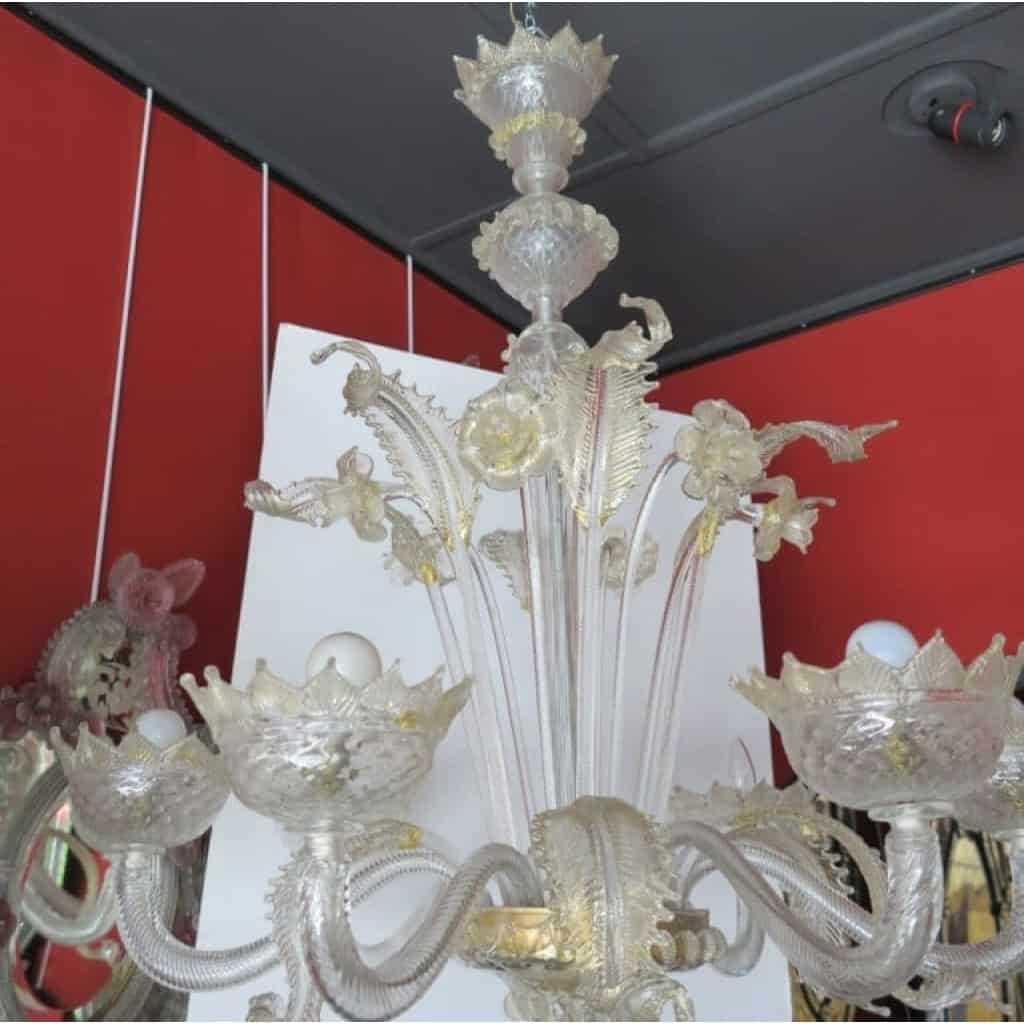1900/20 Lustre Cristal Murano Avec Inclusions Feuilles d’Or 6 Branches | Biron 1900/20 Lustre Cristal Murano Avec Inclusions Feuilles d’Or 6 Branches