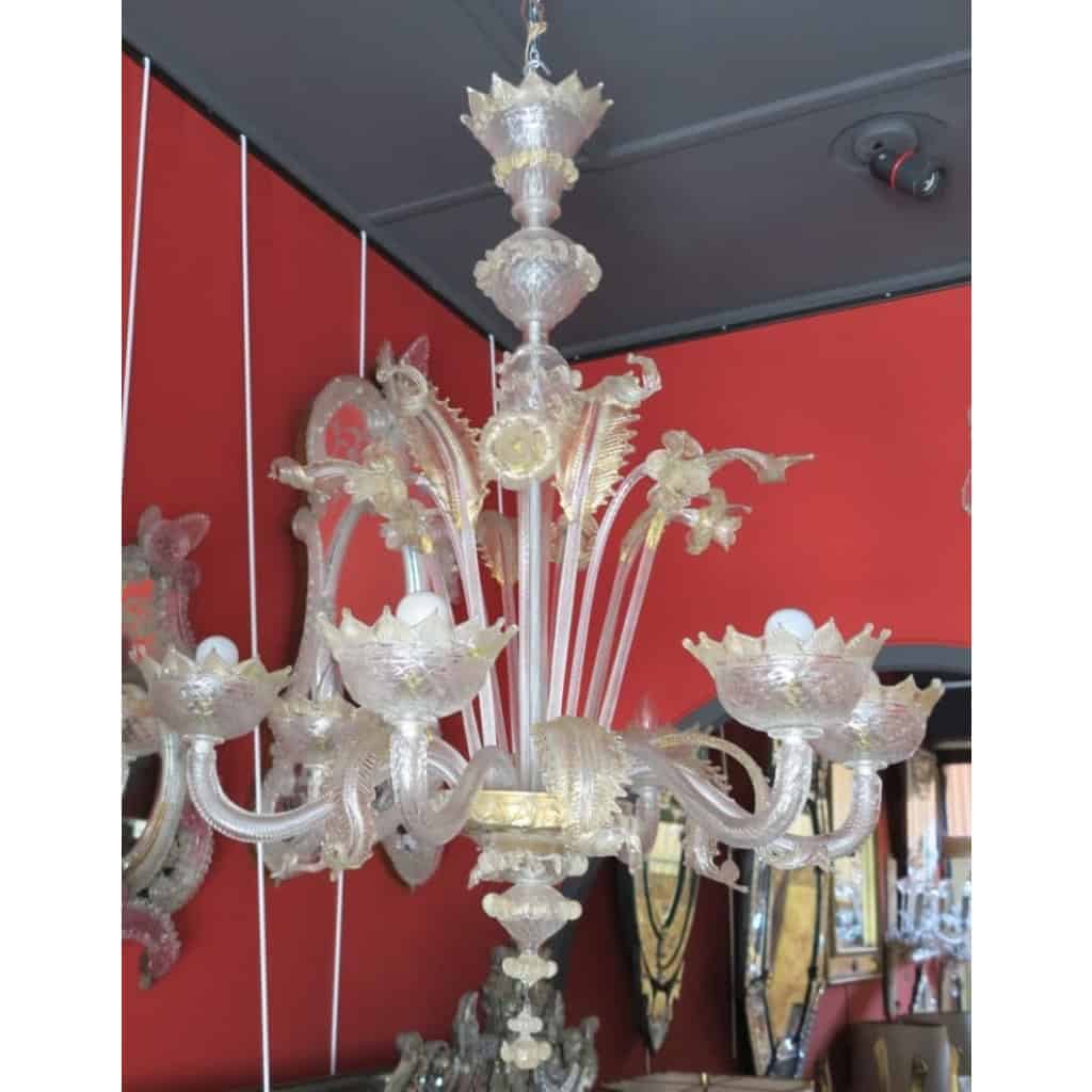 1900/20 Lustre Cristal Murano Avec Inclusions Feuilles d’Or 6 Branches | Biron 1900/20 Lustre Cristal Murano Avec Inclusions Feuilles d’Or 6 Branches