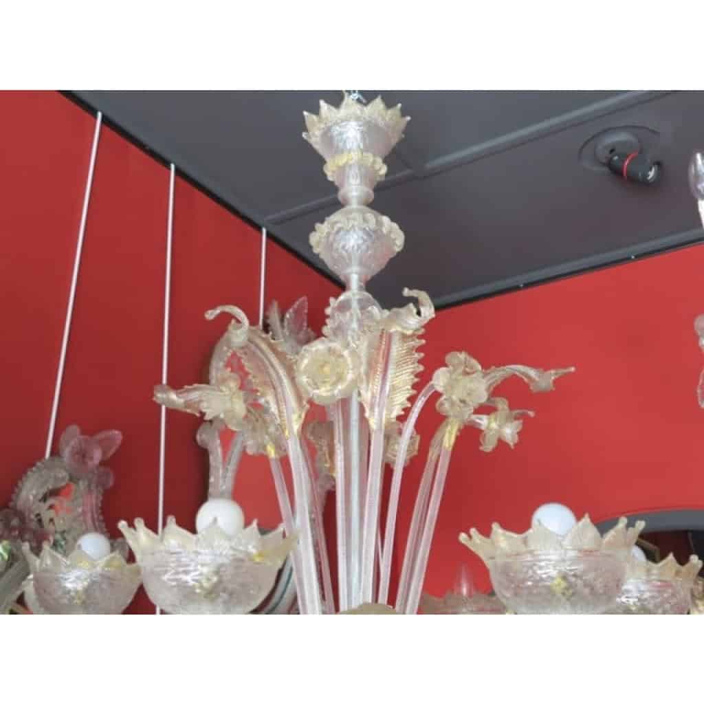 1900/20 Lustre Cristal Murano Avec Inclusions Feuilles d’Or 6 Branches | Biron 1900/20 Lustre Cristal Murano Avec Inclusions Feuilles d’Or 6 Branches