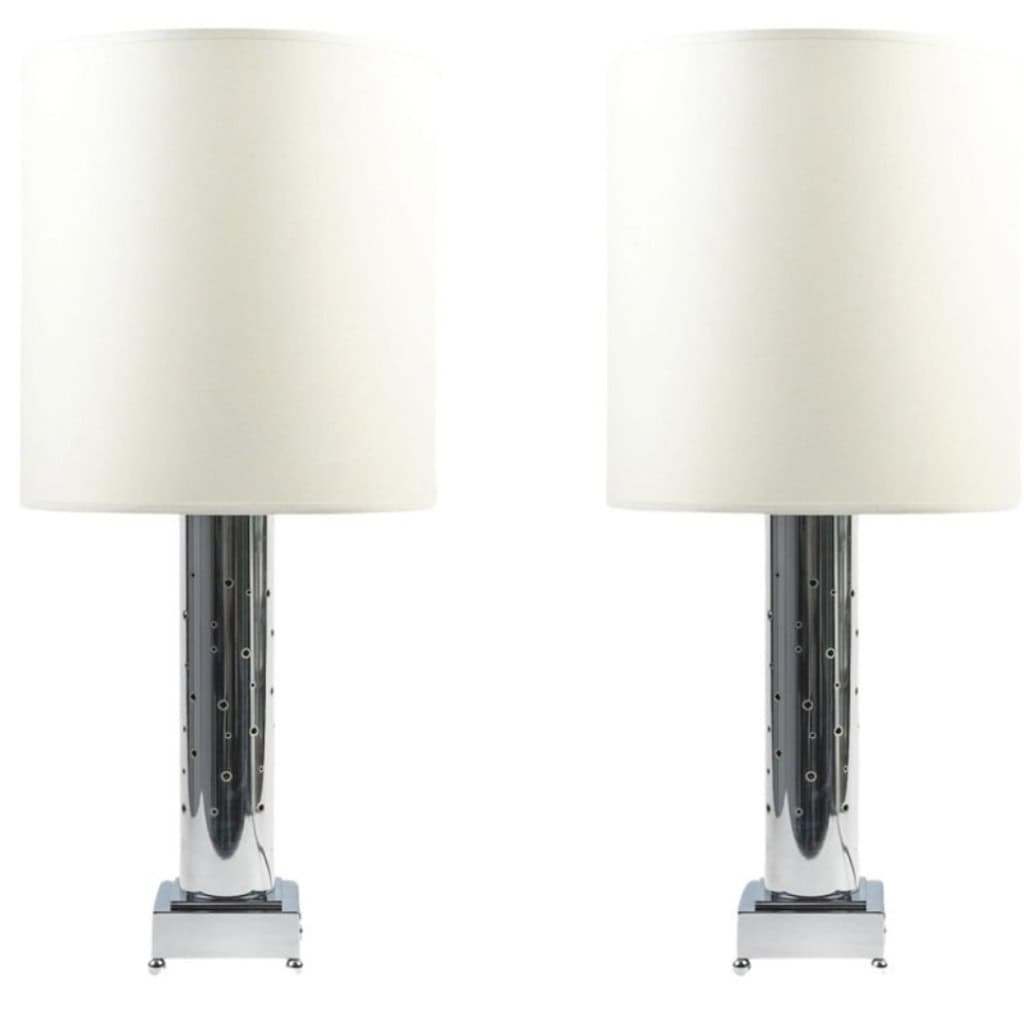 1980 Paire de lampes en métal argenté signées MURGEX Paris France | Biron ||||||