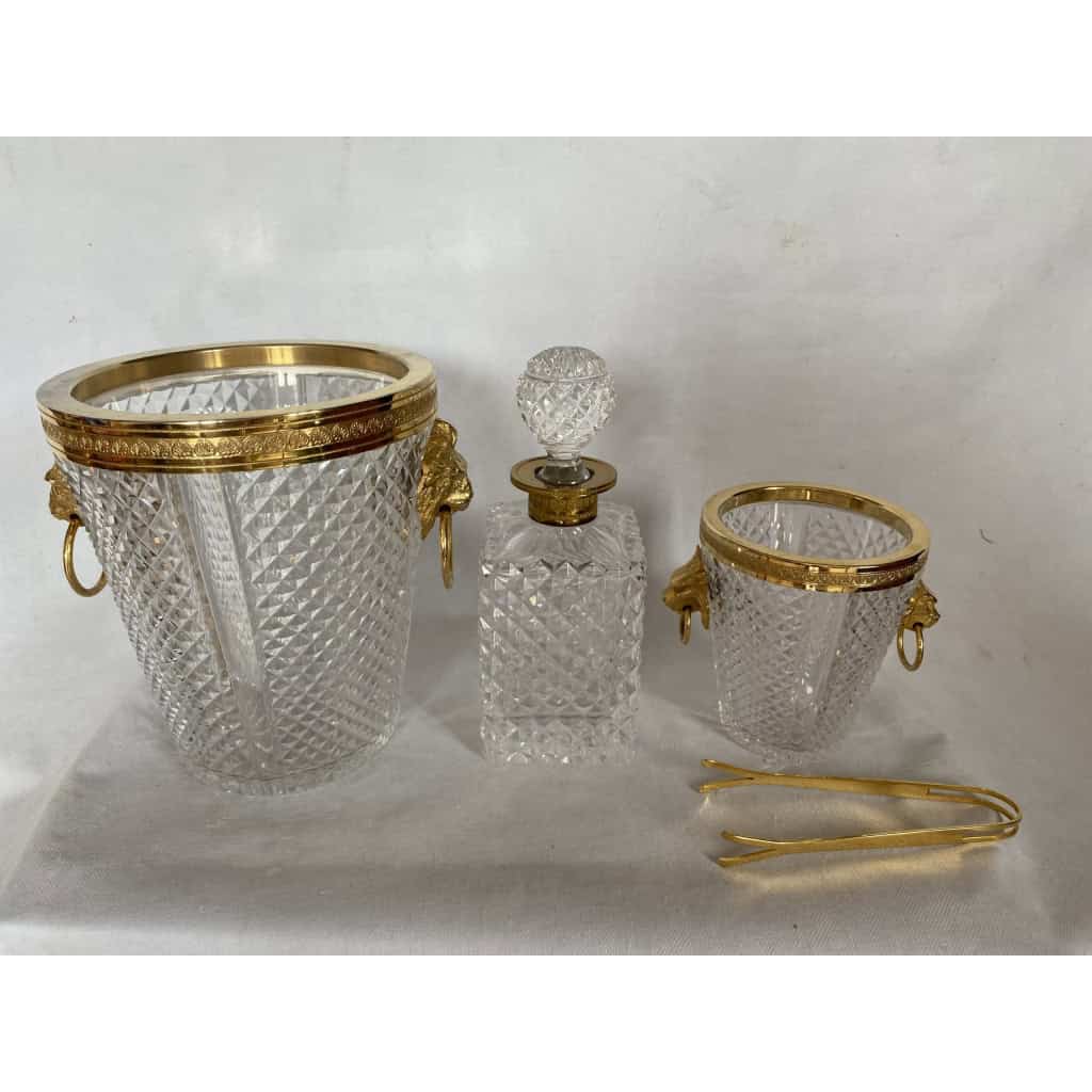 1970′ Seau A Champagne,A Glaçons et Flacon Cristal Pointes De Diamant Avec Tétes De Lion Bronze Doré | Biron ||||||||||||
