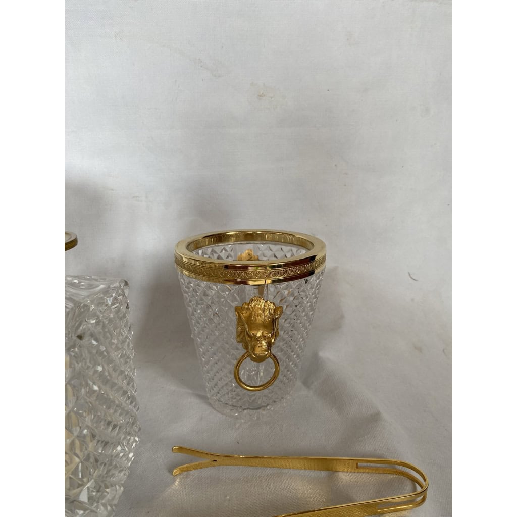 1970′ Seau A Champagne,A Glaçons et Flacon Cristal Pointes De Diamant Avec Tétes De Lion Bronze Doré | Biron 1970′ Seau A Champagne,A Glaçons et Flacon Cristal Pointes De Diamant Avec Tétes De Lion Bronze Doré