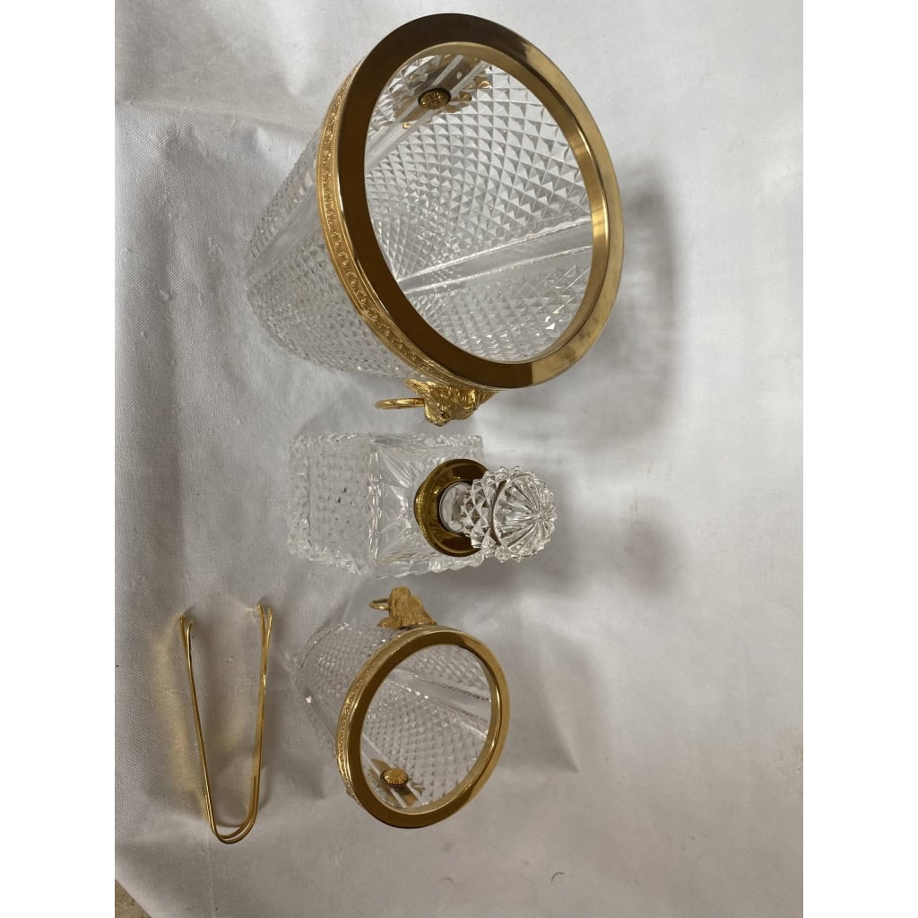 1970′ Seau A Champagne,A Glaçons et Flacon Cristal Pointes De Diamant Avec Tétes De Lion Bronze Doré | Biron 1970′ Seau A Champagne,A Glaçons et Flacon Cristal Pointes De Diamant Avec Tétes De Lion Bronze Doré