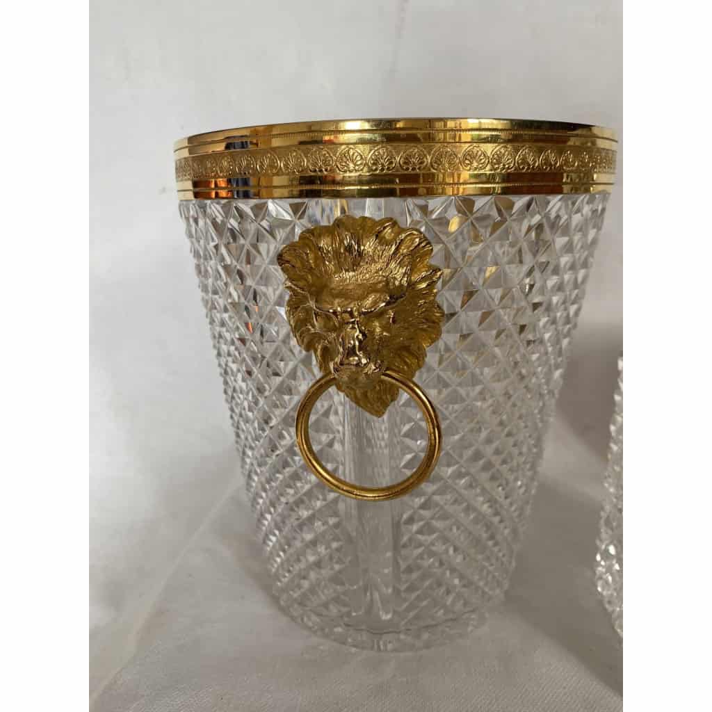 1970′ Seau A Champagne,A Glaçons et Flacon Cristal Pointes De Diamant Avec Tétes De Lion Bronze Doré | Biron 1970′ Seau A Champagne,A Glaçons et Flacon Cristal Pointes De Diamant Avec Tétes De Lion Bronze Doré
