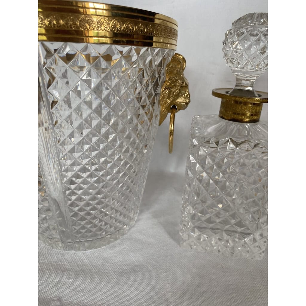 1970′ Seau A Champagne,A Glaçons et Flacon Cristal Pointes De Diamant Avec Tétes De Lion Bronze Doré | Biron 1970′ Seau A Champagne,A Glaçons et Flacon Cristal Pointes De Diamant Avec Tétes De Lion Bronze Doré
