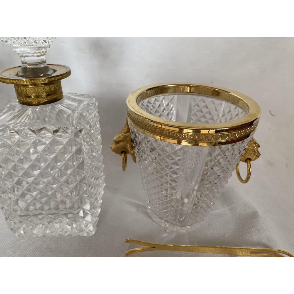 1970′ Seau A Champagne,A Glaçons et Flacon Cristal Pointes De Diamant Avec Tétes De Lion Bronze Doré | Biron 1970′ Seau A Champagne,A Glaçons et Flacon Cristal Pointes De Diamant Avec Tétes De Lion Bronze Doré