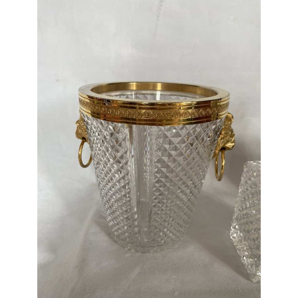 1970′ Seau A Champagne,A Glaçons et Flacon Cristal Pointes De Diamant Avec Tétes De Lion Bronze Doré | Biron 1970′ Seau A Champagne,A Glaçons et Flacon Cristal Pointes De Diamant Avec Tétes De Lion Bronze Doré
