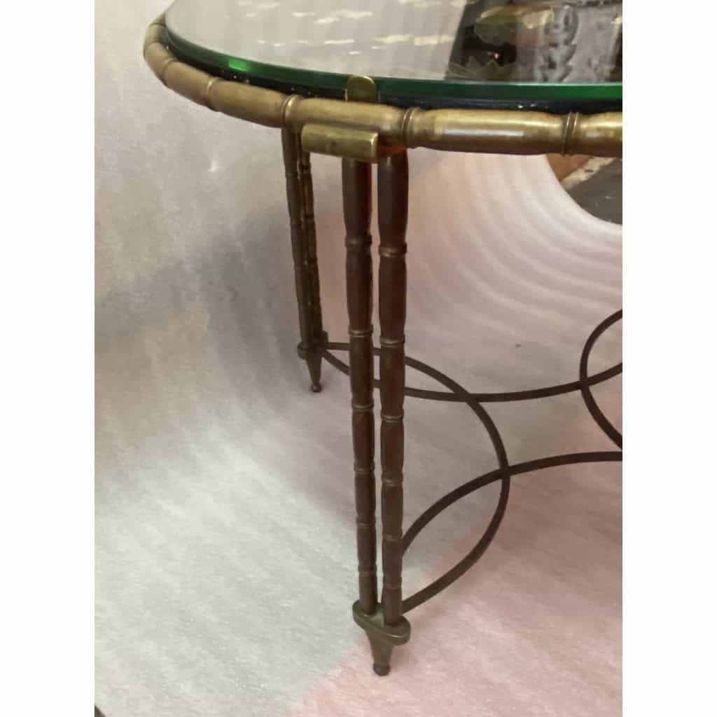 1950/70′ Table Basse Ronde Bronze Décor Palmier, Plateau Laque de Chine Noire Style Maison Baguès