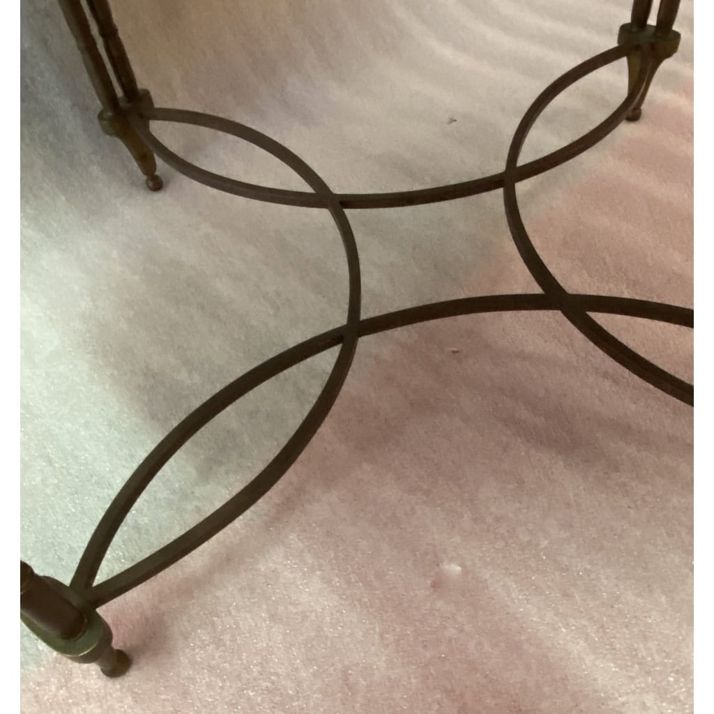 1950/70′ Table Basse Ronde Bronze Décor Palmier, Plateau Laque de Chine Noire Style Maison Baguès