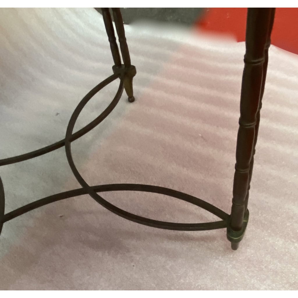 1950/70′ Table Basse Ronde Bronze Décor Palmier, Plateau Laque de Chine Noire Style Maison Baguès