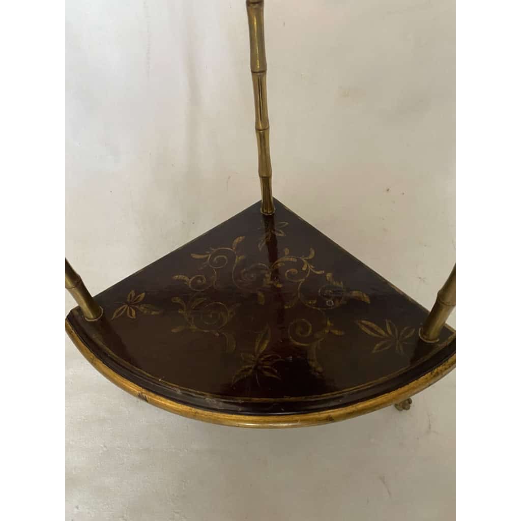 1970′ Encoignure Style Maison Baguès Décor Bambou en Bronze Doré Avec Plateaux Laque de Chine 3