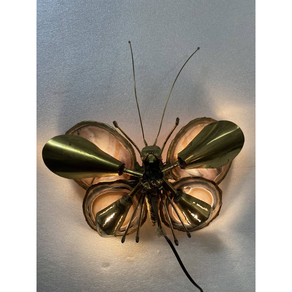 1970’ Applique Papillon en Bronze ou Laiton, Duval Brasseur Ou Isabelle Faure, 4 Ampoules, Ailes d’Agate | Biron 1970’ Applique Papillon en Bronze ou Laiton, Duval Brasseur Ou Isabelle Faure, 4 Ampoules, Ailes d’Agate