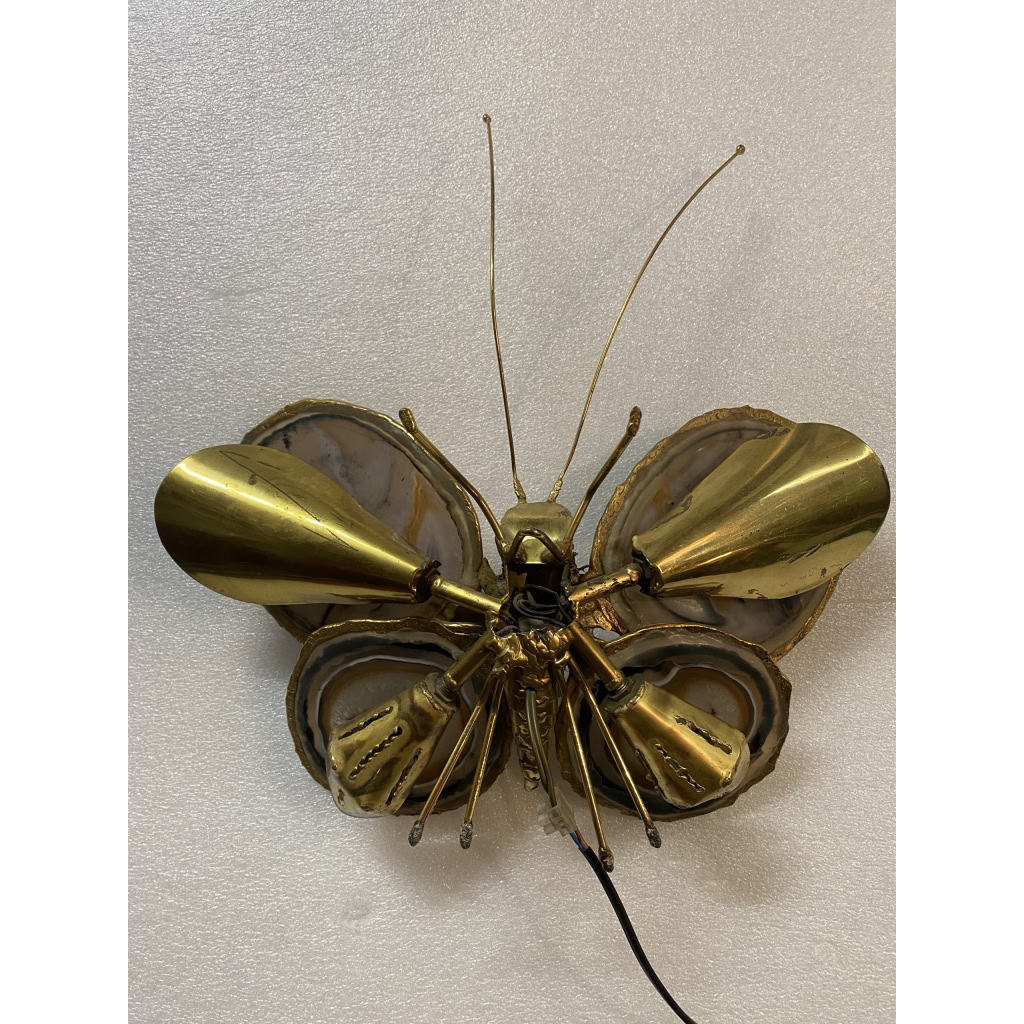 1970’ Applique Papillon en Bronze ou Laiton, Duval Brasseur Ou Isabelle Faure, 4 Ampoules, Ailes d’Agate | Biron 1970’ Applique Papillon en Bronze ou Laiton, Duval Brasseur Ou Isabelle Faure, 4 Ampoules, Ailes d’Agate