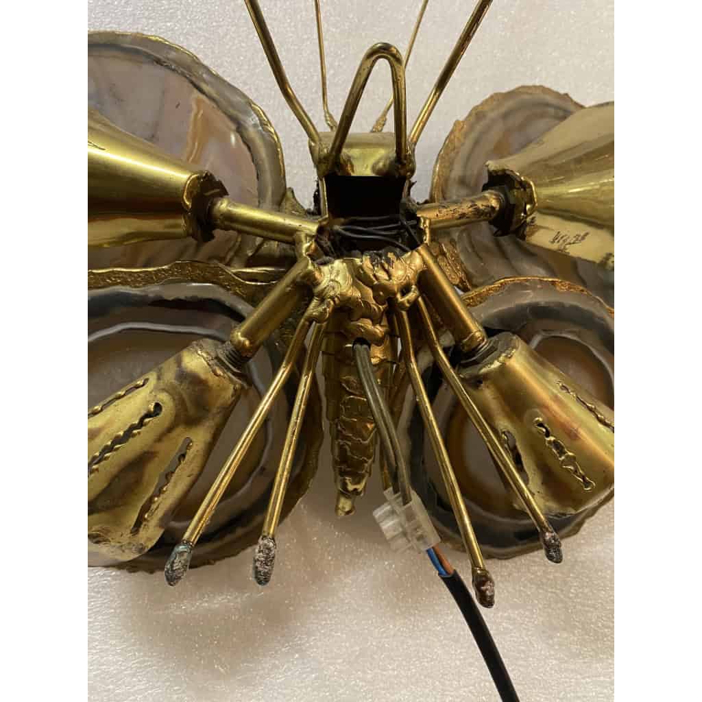 1970’ Applique Papillon en Bronze ou Laiton, Duval Brasseur Ou Isabelle Faure, 4 Ampoules, Ailes d’Agate | Biron 1970’ Applique Papillon en Bronze ou Laiton, Duval Brasseur Ou Isabelle Faure, 4 Ampoules, Ailes d’Agate