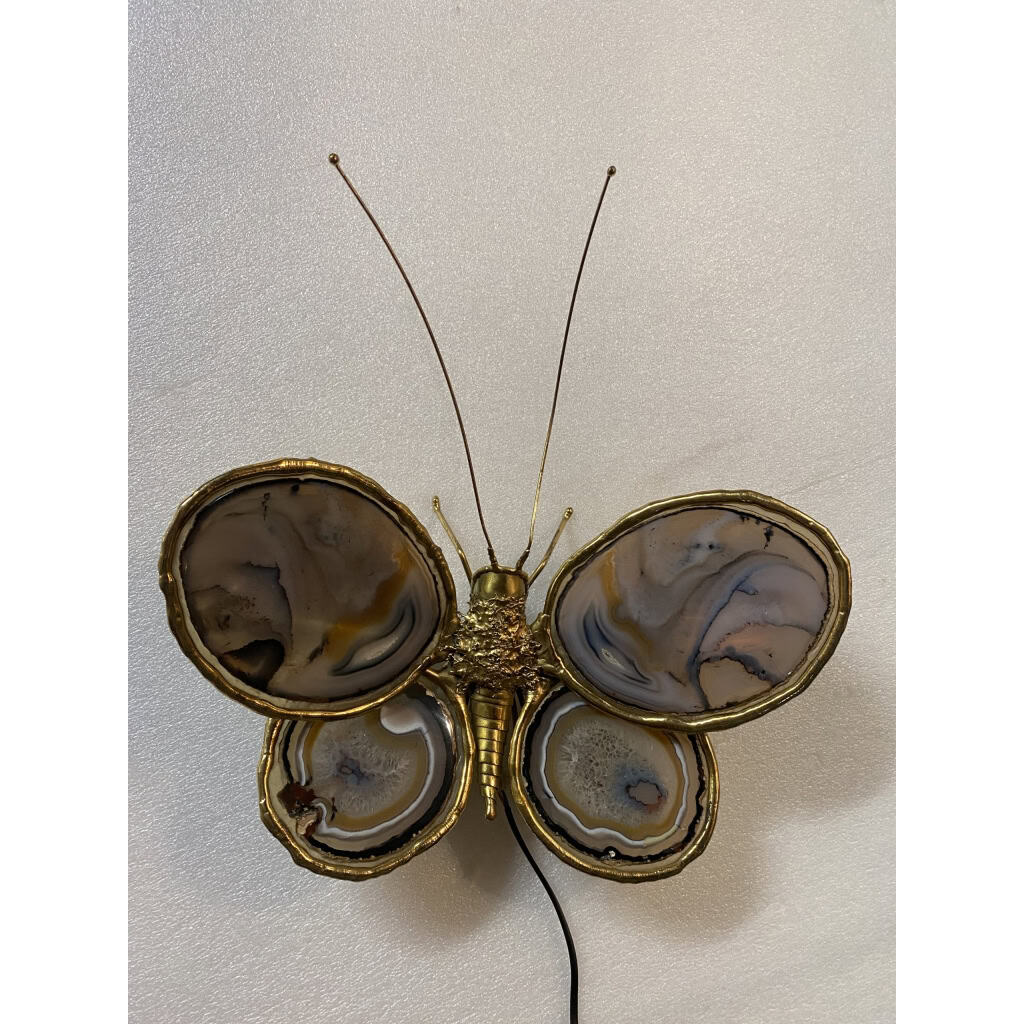 1970’ Applique Papillon en Bronze ou Laiton, Duval Brasseur Ou Isabelle Faure, 4 Ampoules, Ailes d’Agate | Biron 1970’ Applique Papillon en Bronze ou Laiton, Duval Brasseur Ou Isabelle Faure, 4 Ampoules, Ailes d’Agate