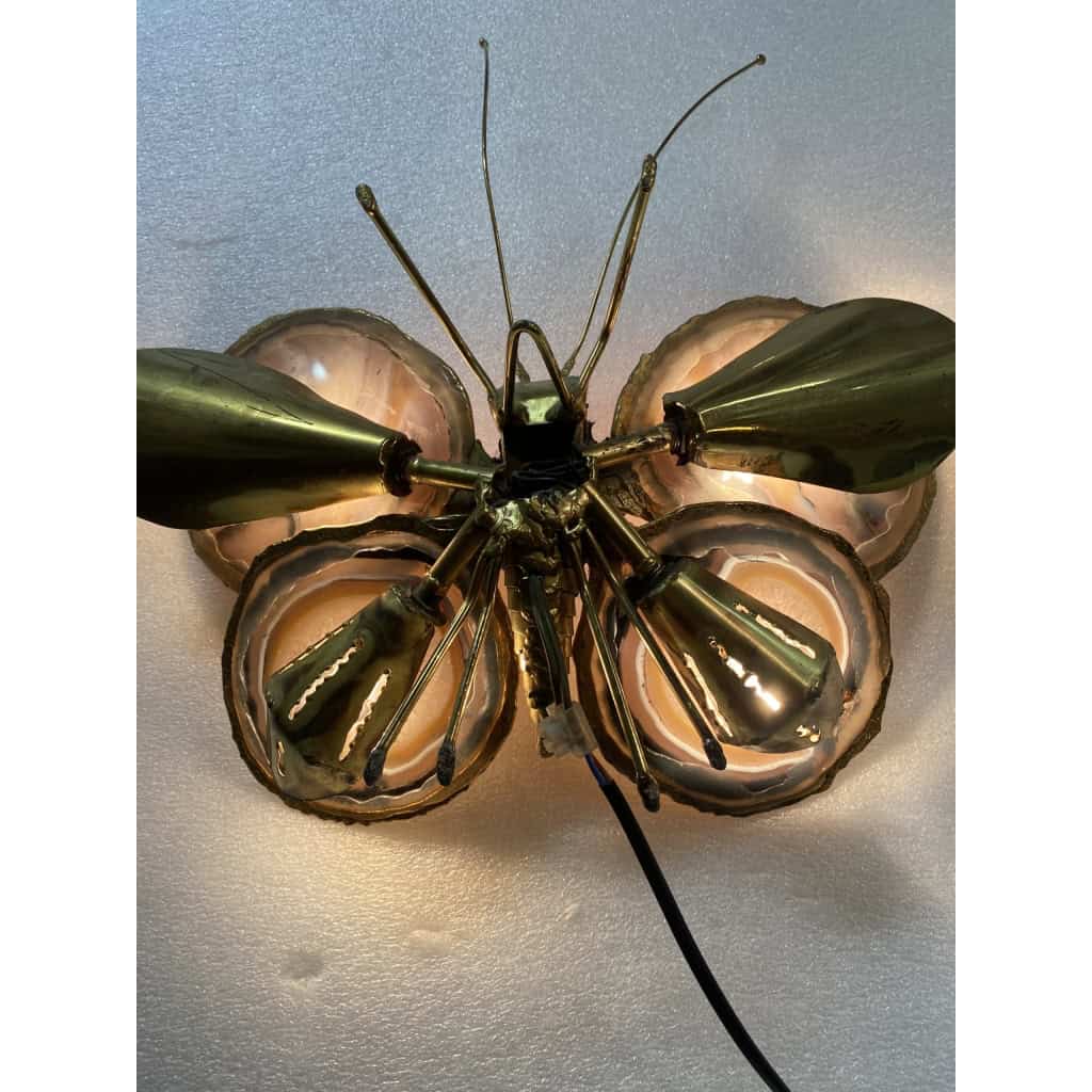 1970’ Applique Papillon en Bronze ou Laiton, Duval Brasseur Ou Isabelle Faure, 4 Ampoules, Ailes d’Agate | Biron 1970’ Applique Papillon en Bronze ou Laiton, Duval Brasseur Ou Isabelle Faure, 4 Ampoules, Ailes d’Agate