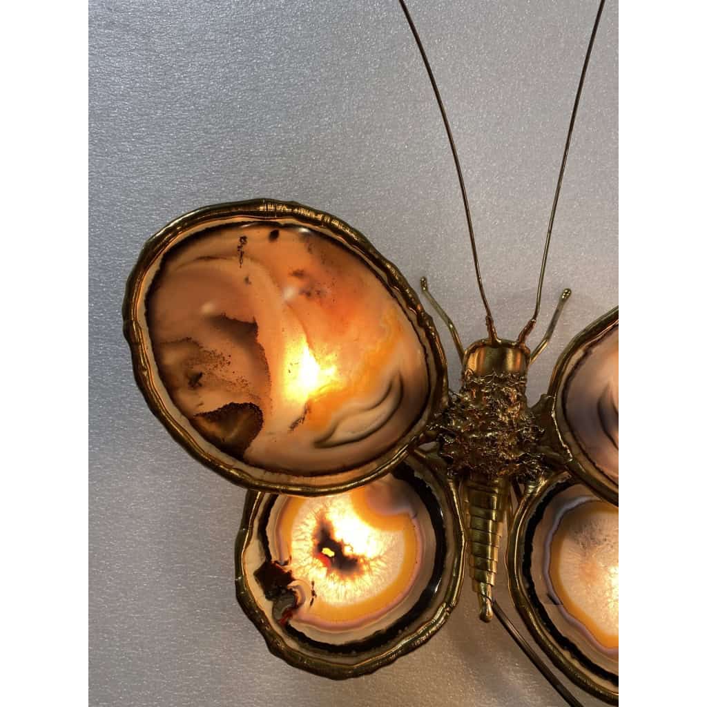 1970’ Applique Papillon en Bronze ou Laiton, Duval Brasseur Ou Isabelle Faure, 4 Ampoules, Ailes d’Agate | Biron 1970’ Applique Papillon en Bronze ou Laiton, Duval Brasseur Ou Isabelle Faure, 4 Ampoules, Ailes d’Agate