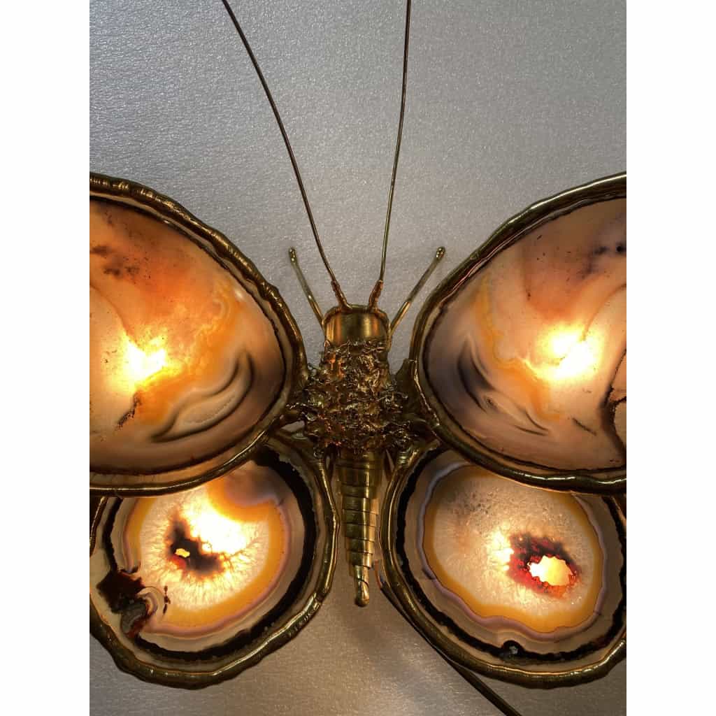 1970’ Applique Papillon en Bronze ou Laiton, Duval Brasseur Ou Isabelle Faure, 4 Ampoules, Ailes d’Agate | Biron 1970’ Applique Papillon en Bronze ou Laiton, Duval Brasseur Ou Isabelle Faure, 4 Ampoules, Ailes d’Agate