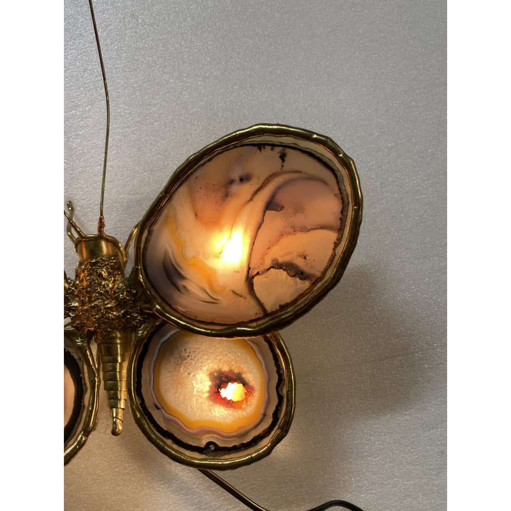 1970’ Applique Papillon en Bronze ou Laiton, Duval Brasseur Ou Isabelle Faure, 4 Ampoules, Ailes d’Agate | Biron 1970’ Applique Papillon en Bronze ou Laiton, Duval Brasseur Ou Isabelle Faure, 4 Ampoules, Ailes d’Agate