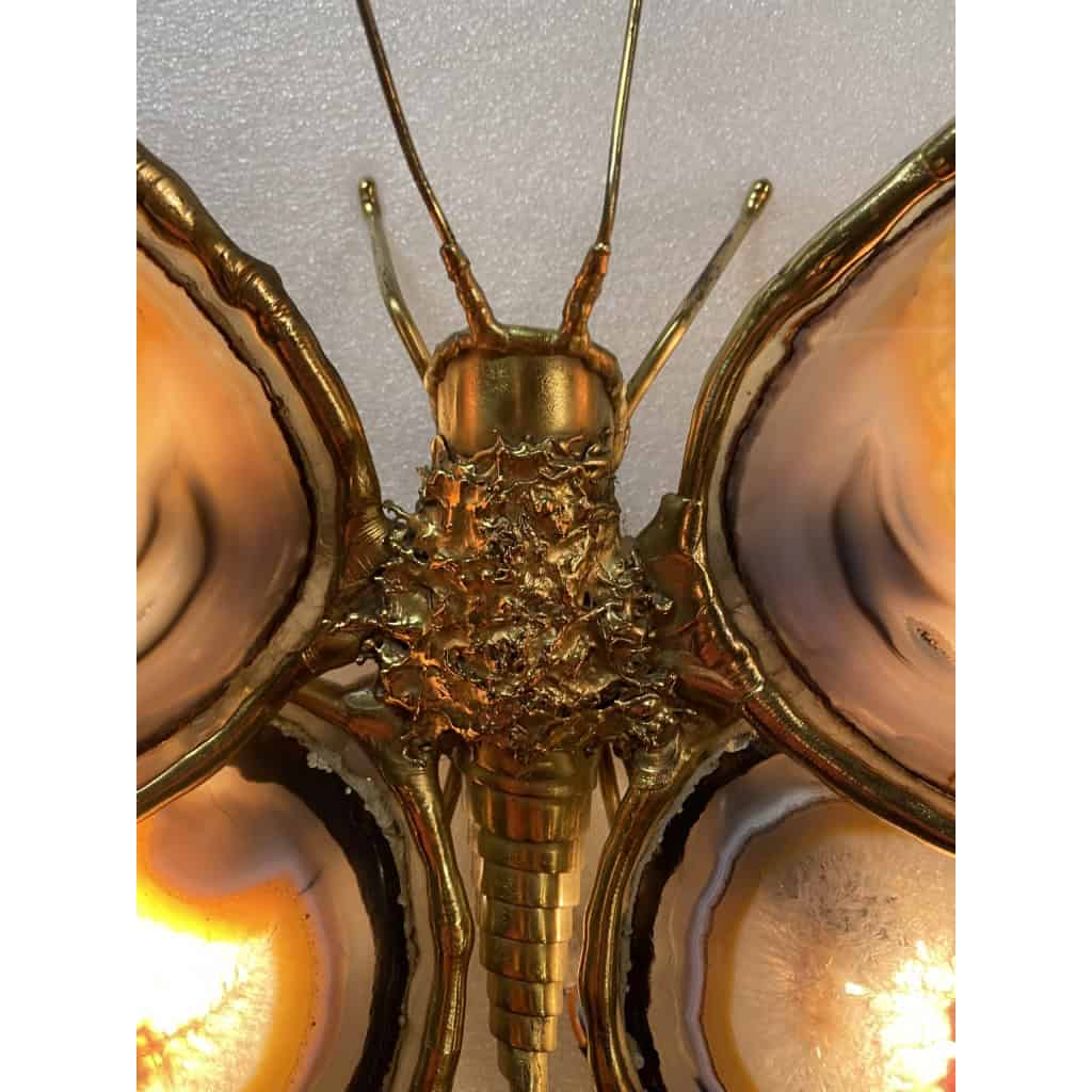 1970’ Applique Papillon en Bronze ou Laiton, Duval Brasseur Ou Isabelle Faure, 4 Ampoules, Ailes d’Agate | Biron 1970’ Applique Papillon en Bronze ou Laiton, Duval Brasseur Ou Isabelle Faure, 4 Ampoules, Ailes d’Agate
